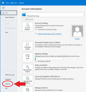 Screenshot of the left navigation within the File section of the Microsoft Outlook desktop app.