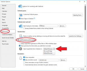 Screenshot of the Advanced settings in the Outlook Options window inside the Microsoft Outlook desktop app.