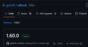 The uBlock Origin release webpage depicting the latest release 1.60.0 that should be selected in order to view the download page.