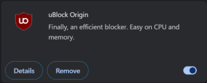 Verification that uBlock Origin has been installed and is functioning via the Chrome Extensions page.